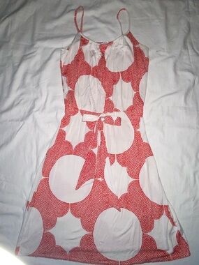 Nell Couture White Mini Dress with Red Circular Print and Tie Waist